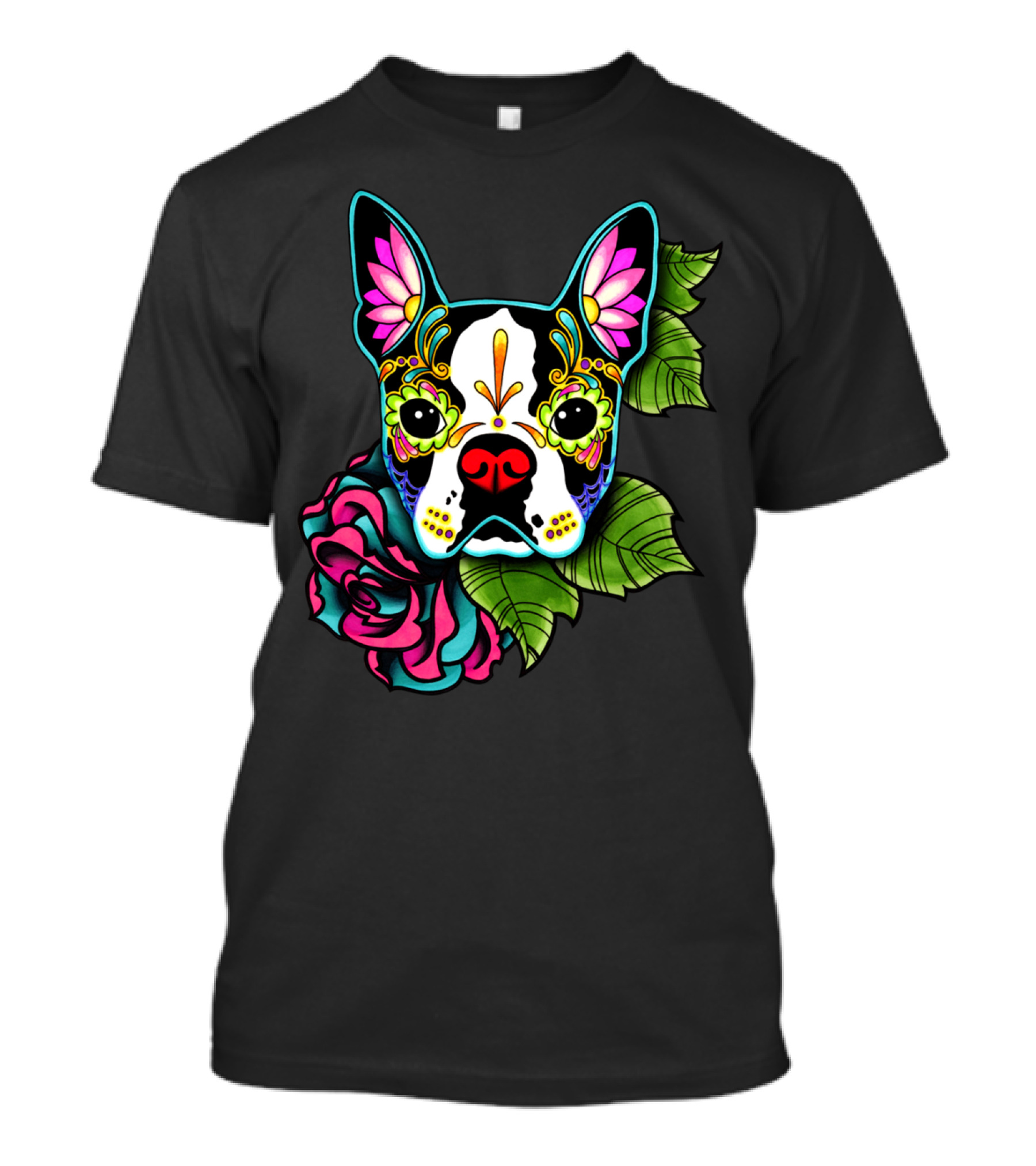 Boston Terrier Day Of The Dead Sugar Skull Rose Floral T-Shirt