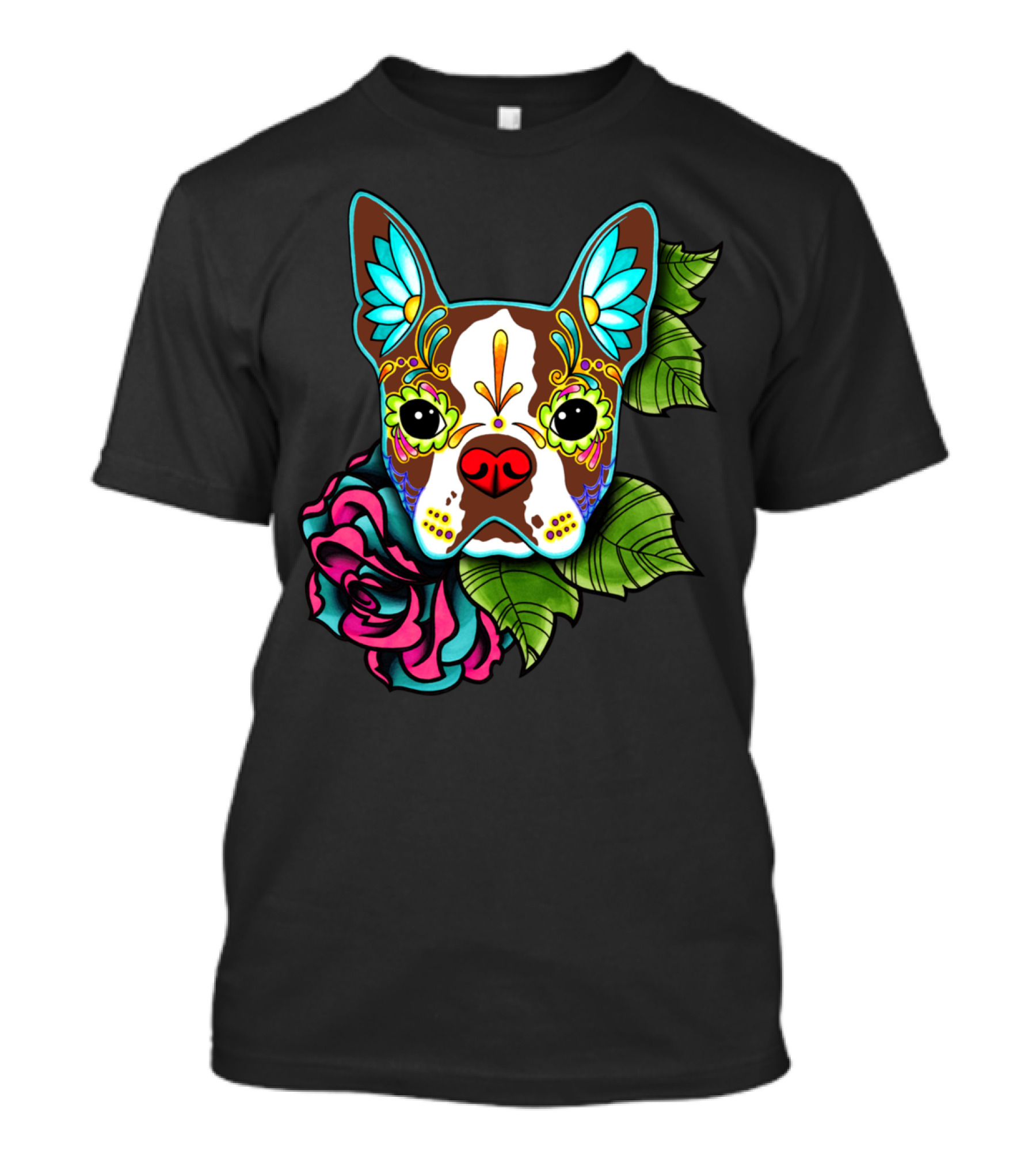 Boston Terrier Day Of The Dead Sugar Skull With Red Rose T-Shirt