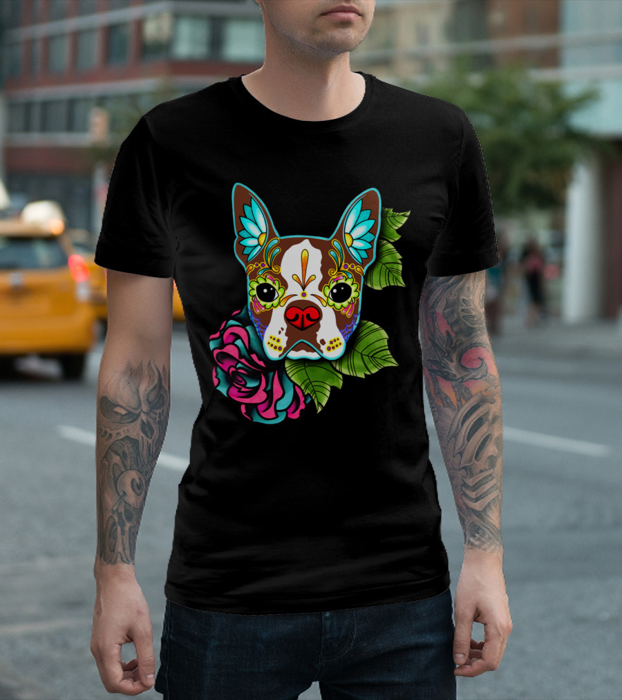Boston Terrier Day Of The Dead Sugar Skull With Red Rose T-Shirt