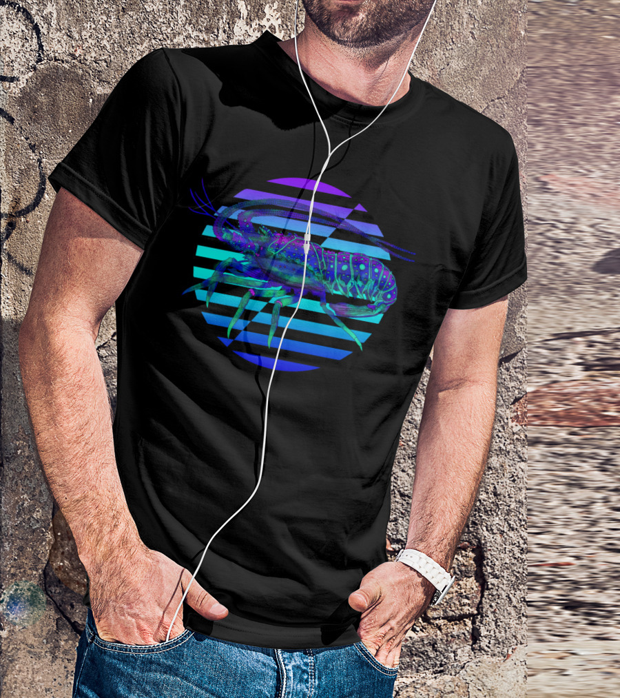Bottom Feeder Vibrant Neon Crustacean Retro Synthwave Stripes T-Shirt