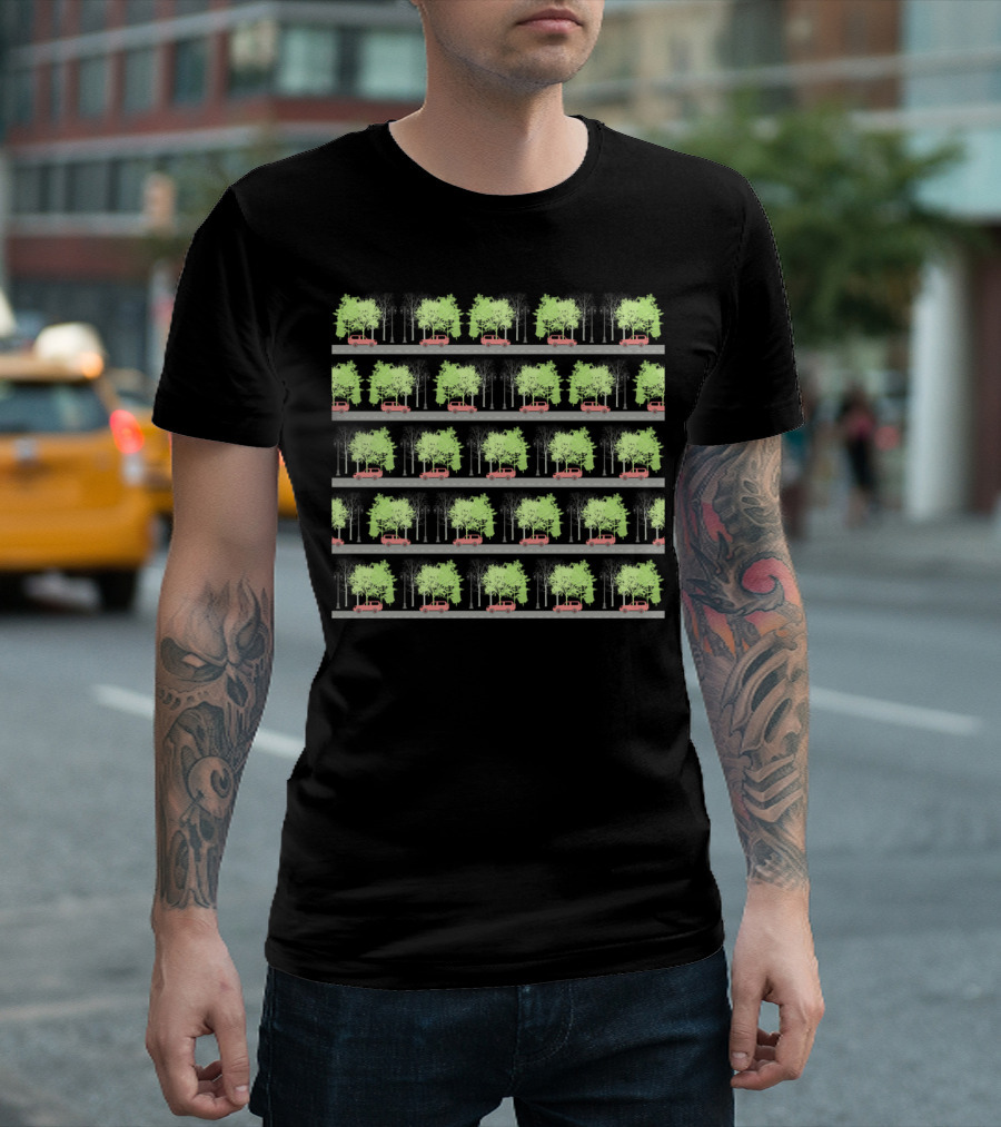 Cars and Trees Pattern with Rows of Green Trees and Red Cars T-Shirt