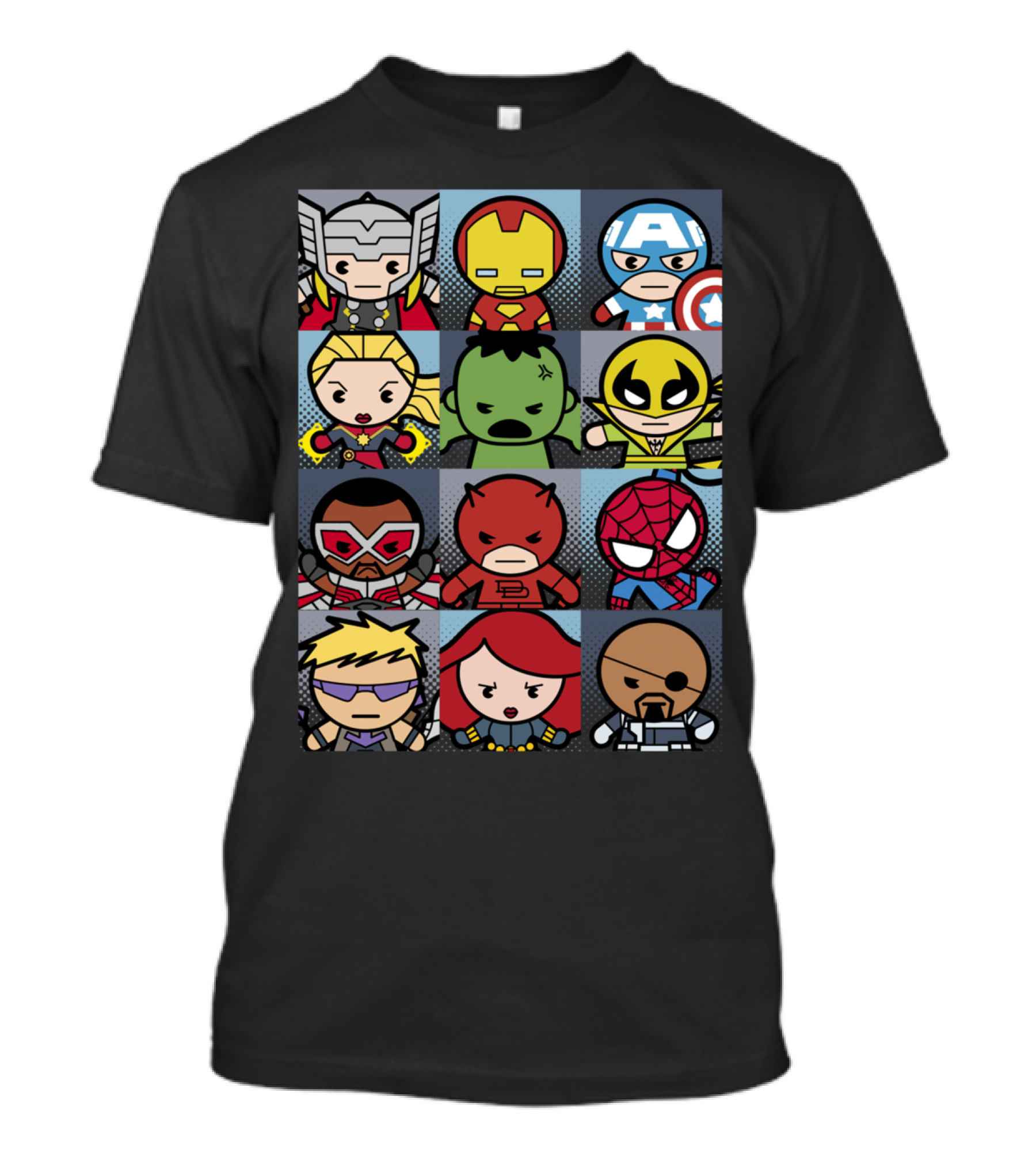 Chibi Avengers Thor Iron Man Captain America Hulk Wolverine Falcon Daredevil Spider-Man Hawkeye Black Widow Nick Fury T-Shirt