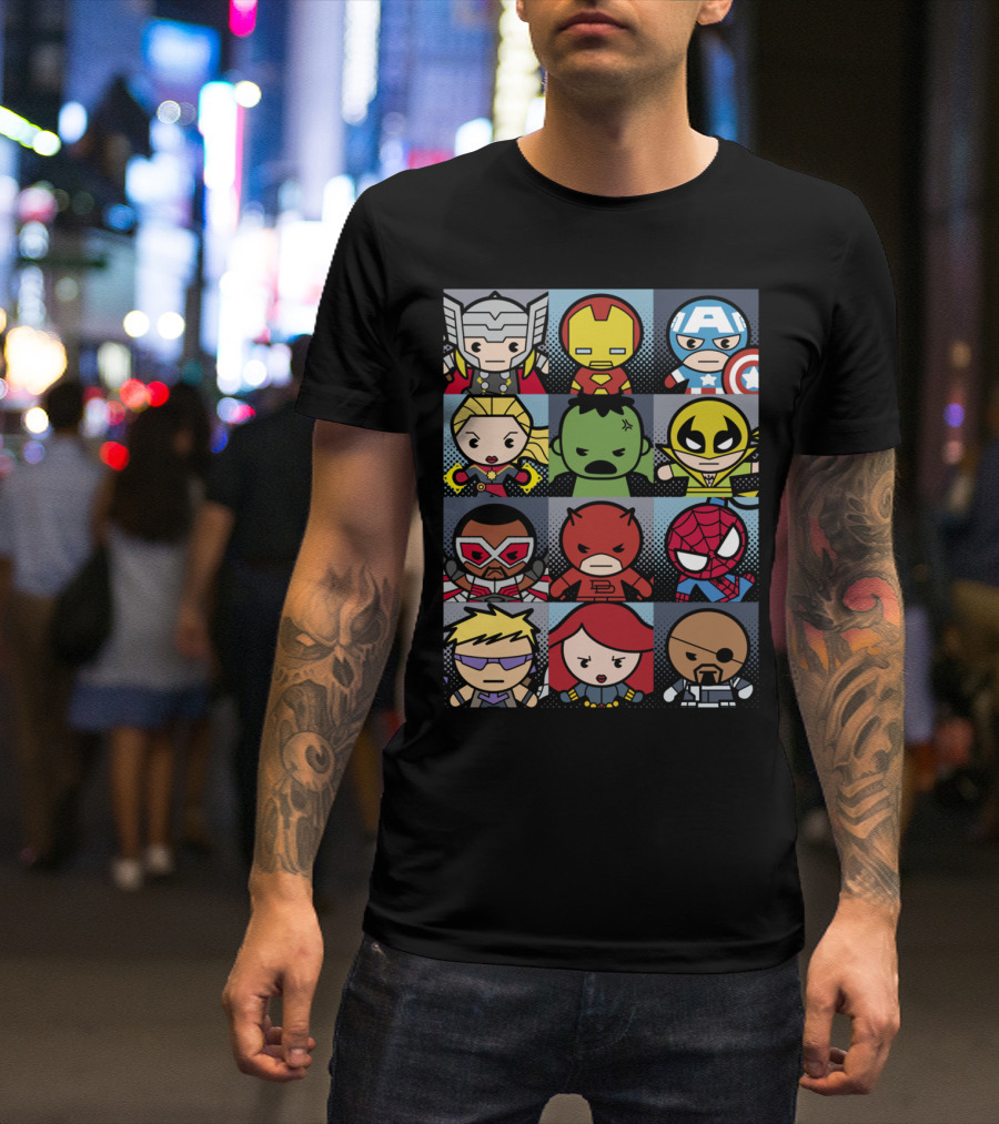 Chibi Avengers Thor Iron Man Captain America Hulk Wolverine Falcon Daredevil Spider-Man Hawkeye Black Widow Nick Fury T-Shirt