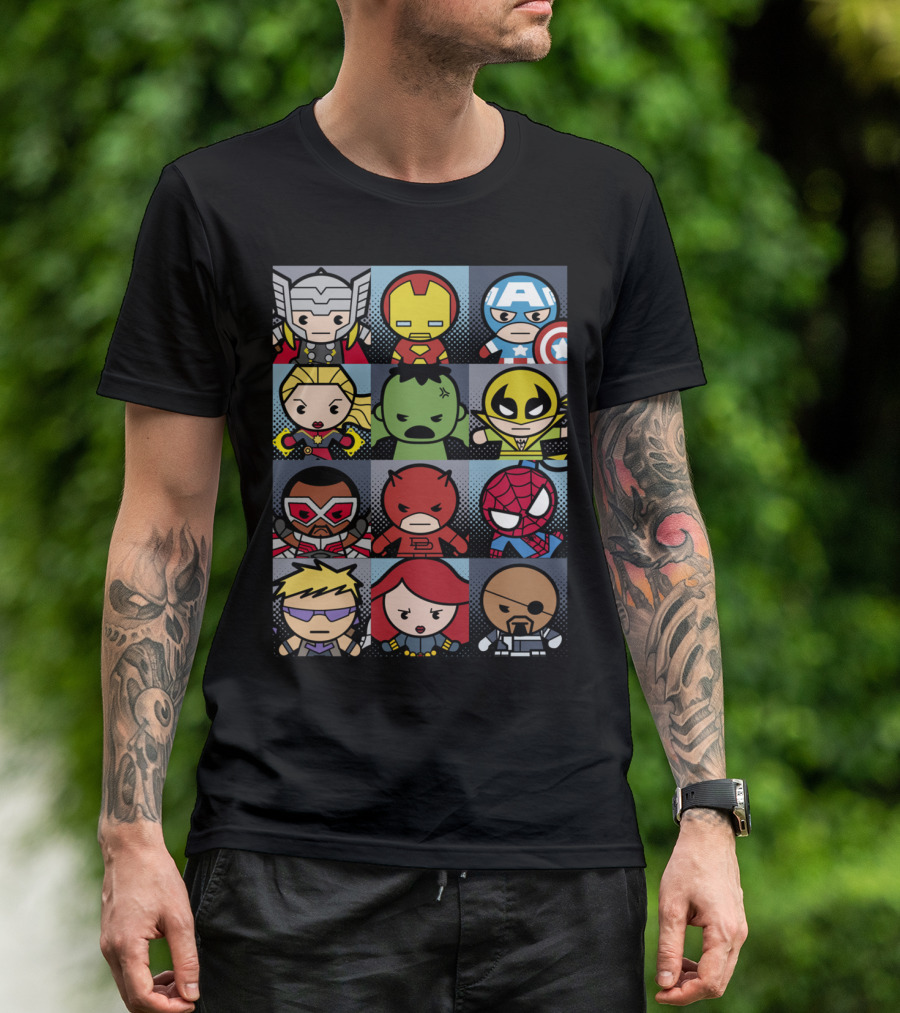 Chibi Avengers Thor Iron Man Captain America Hulk Wolverine Falcon Daredevil Spider-Man Hawkeye Black Widow Nick Fury T-Shirt
