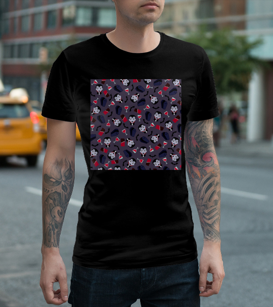 Fancy Vampire Pattern with Coffins, Bats, and Wine Glasses T-Shirt