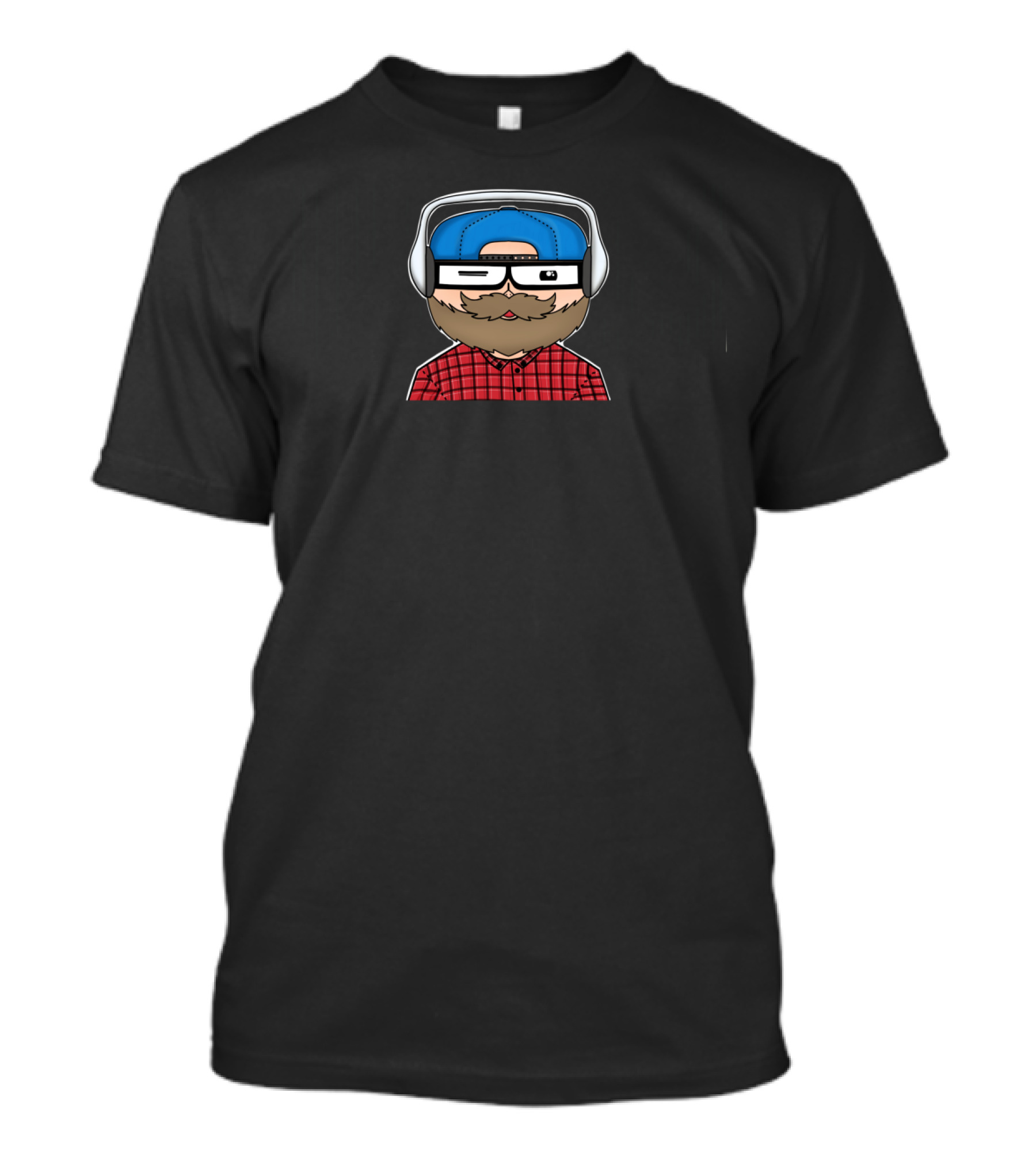 Cartoon Hipster Beard Glasses Headphones Blue Cap Plaid T-Shirt