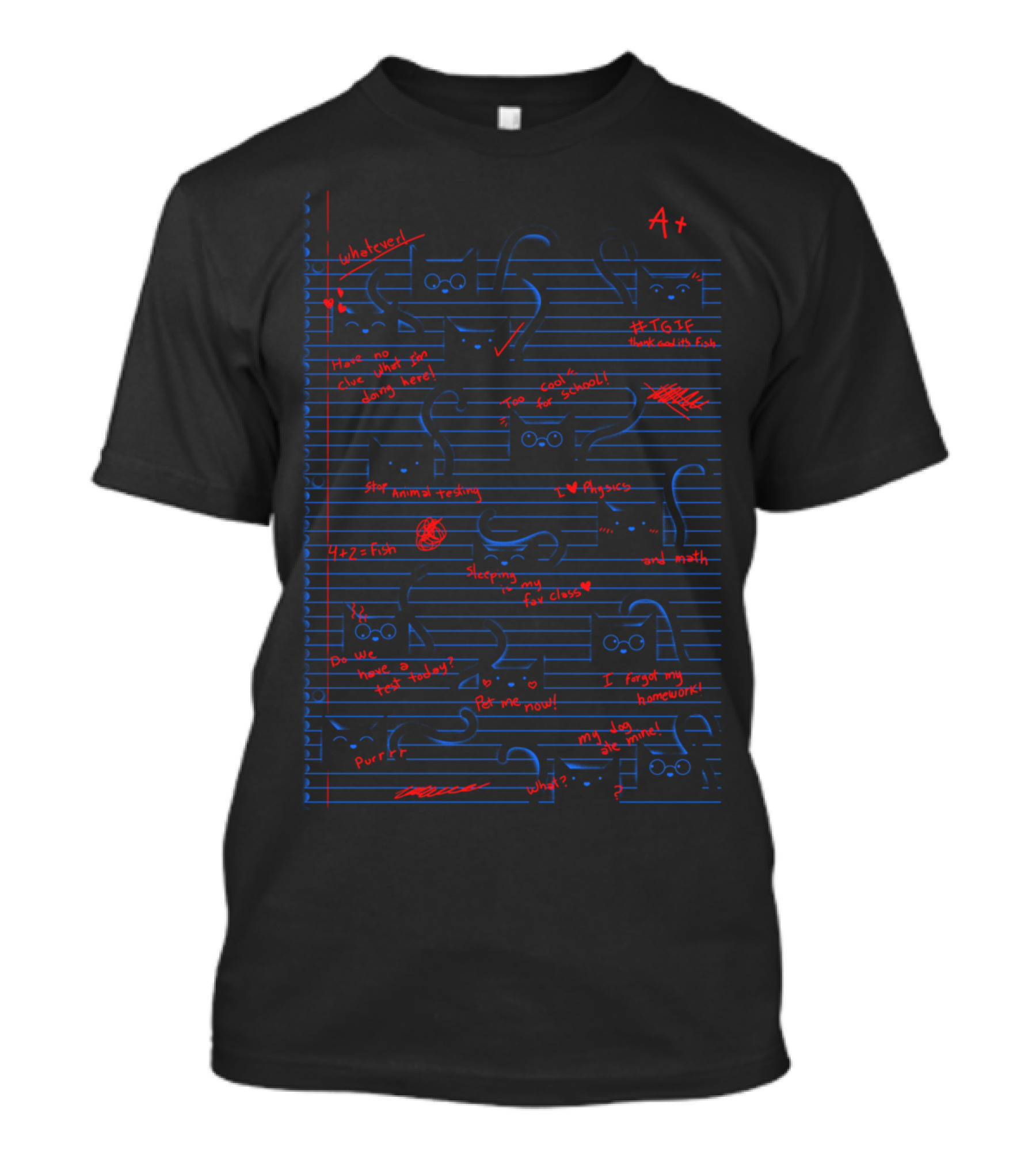 Notebook Cat Doodles A+ Homework Whiskers Sleepy Fish Purr T-Shirt