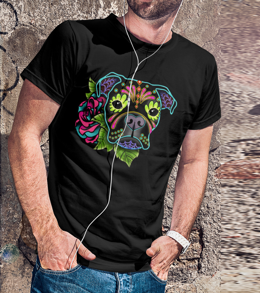 Boxer Black Sugar Skull Day Of The Dead Roses T-Shirt