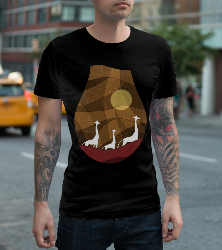 Warm Giraffe Family Stained Glass Style With Sunset T-Shirt