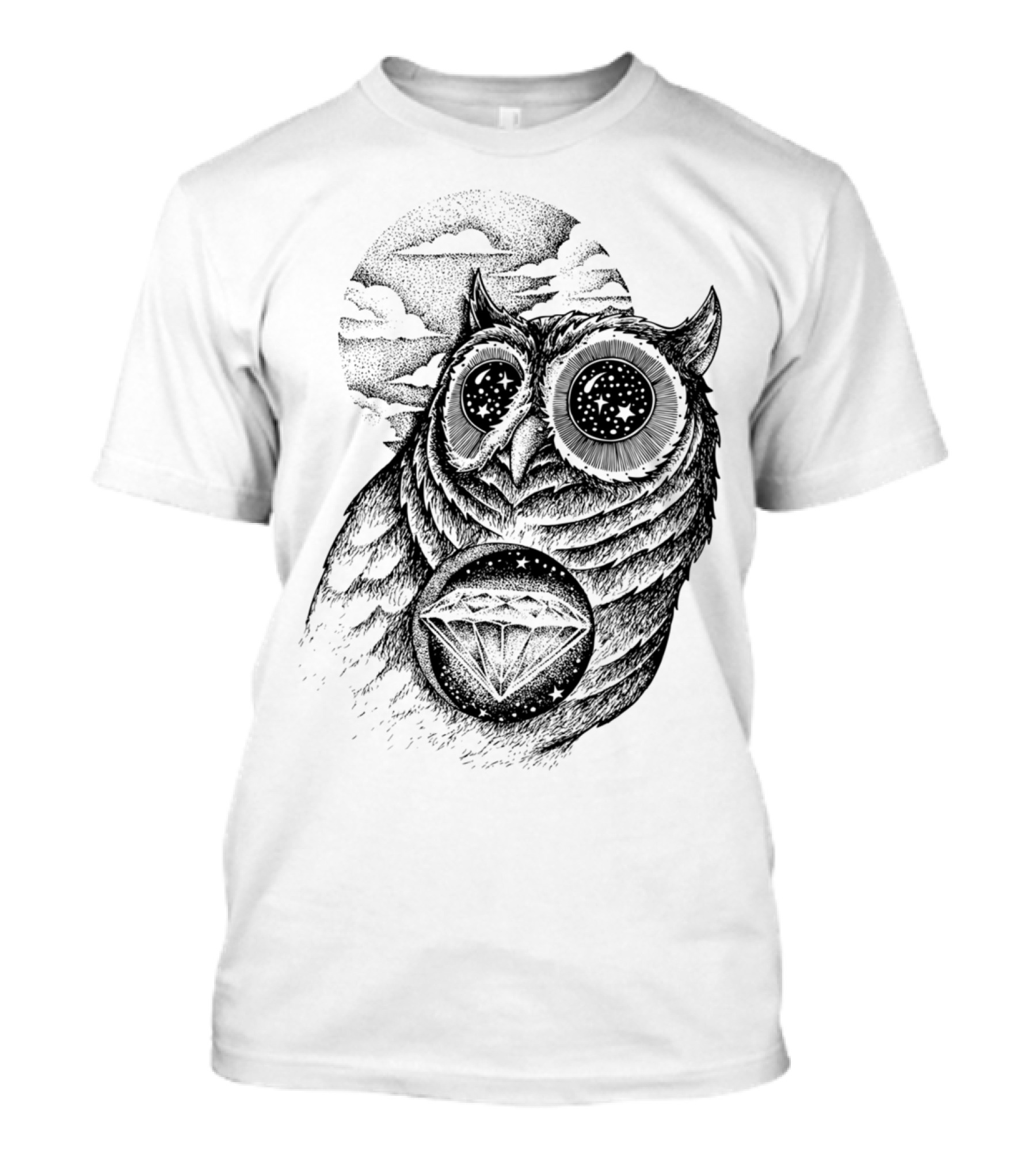 GALAXY EYES OWL WITH DIAMOND SYMBOL AND STAR-FILLED MOON BACKGROUND T-Shirt
