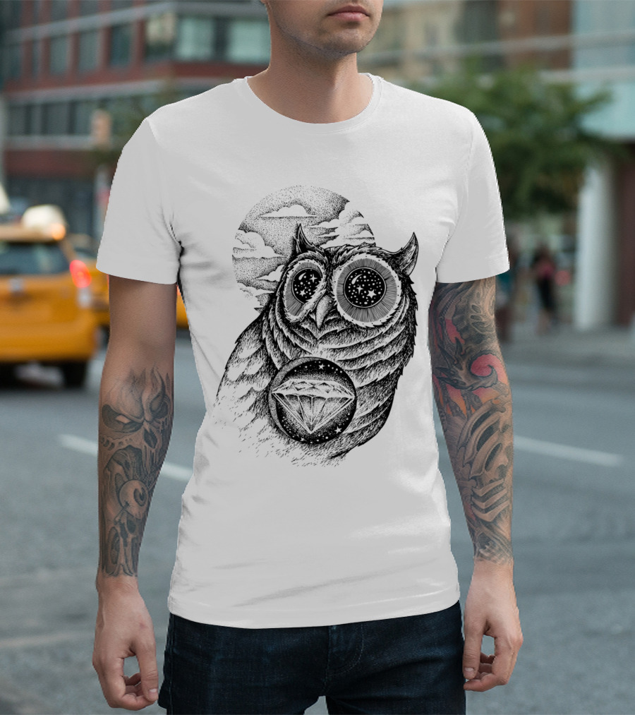 GALAXY EYES OWL WITH DIAMOND SYMBOL AND STAR-FILLED MOON BACKGROUND T-Shirt
