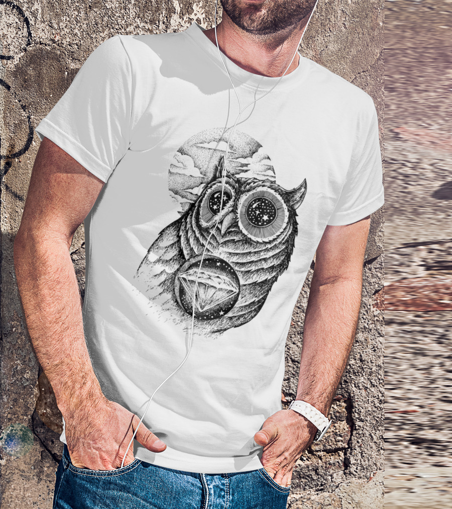 GALAXY EYES OWL WITH DIAMOND SYMBOL AND STAR-FILLED MOON BACKGROUND T-Shirt