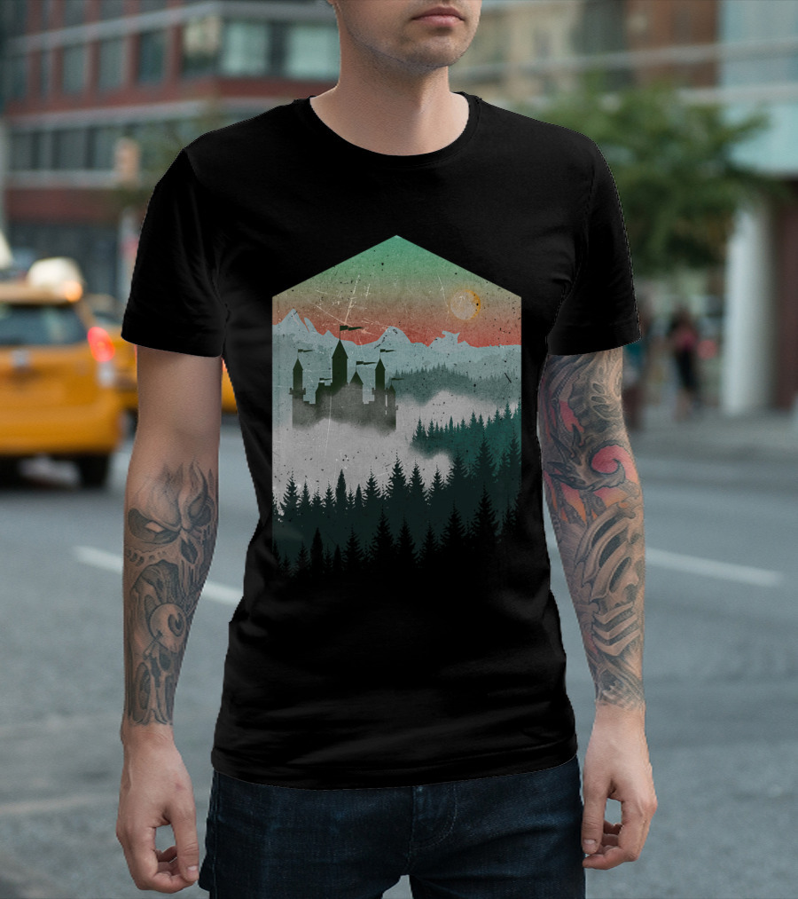 Faraway Land Mountain Castle Misty Forest Sunset T-Shirt