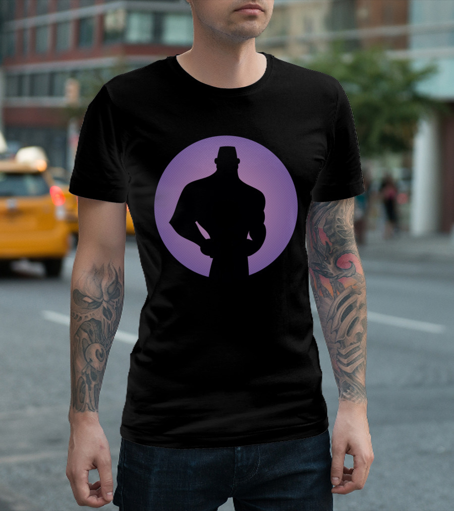 Boy And Man Silhouettes Against Purple Circle Background T-Shirt