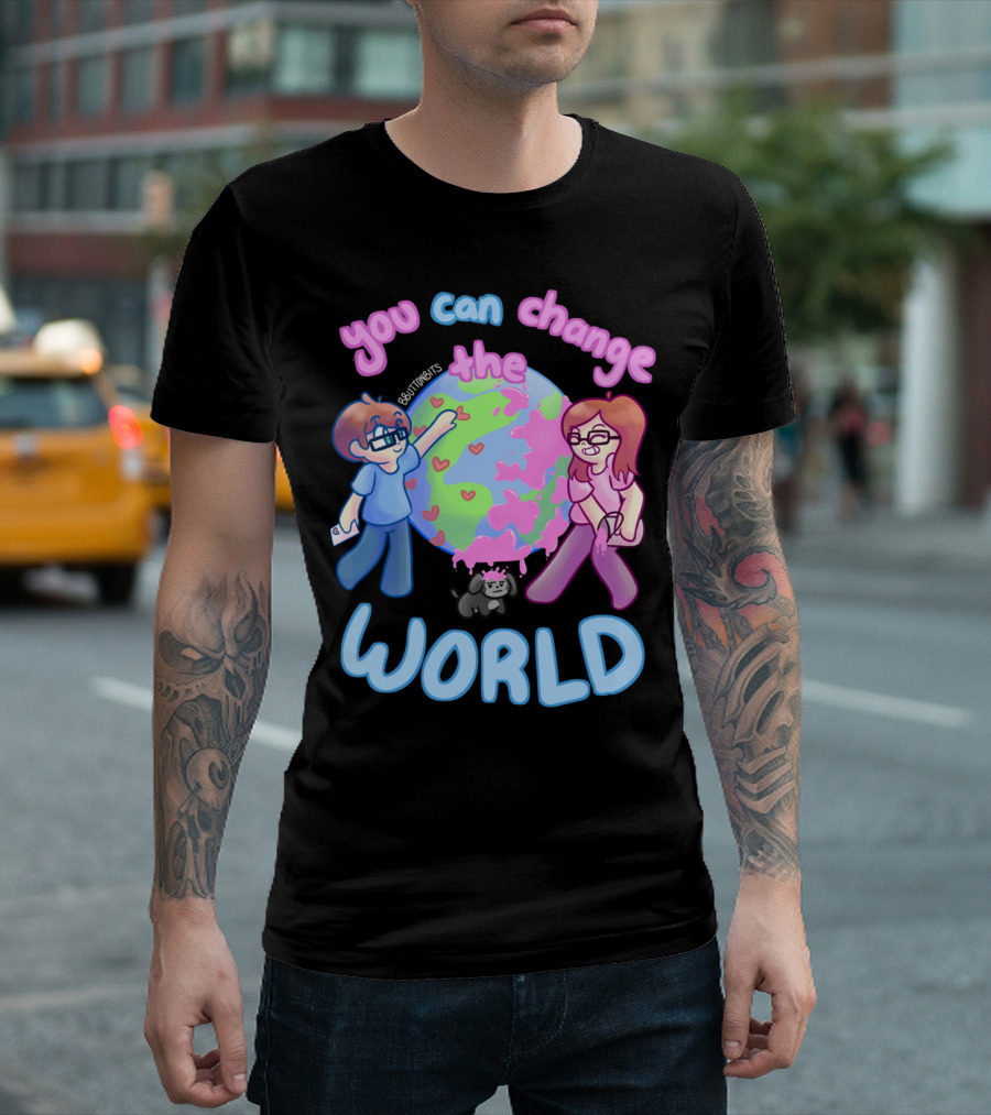 You Can Change the World Cute Cartoon Characters Painting Earth with Hearts T-Shirt