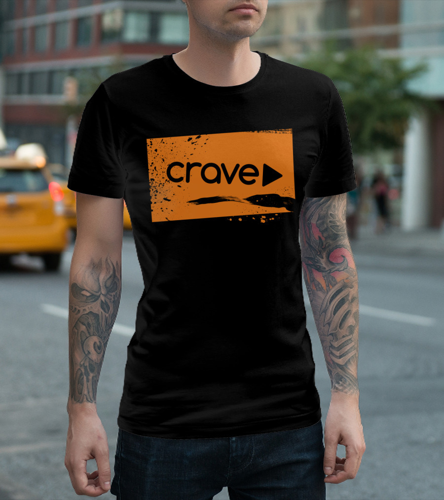 Crave Logo with Play Symbol on Orange Abstract Background T-Shirt