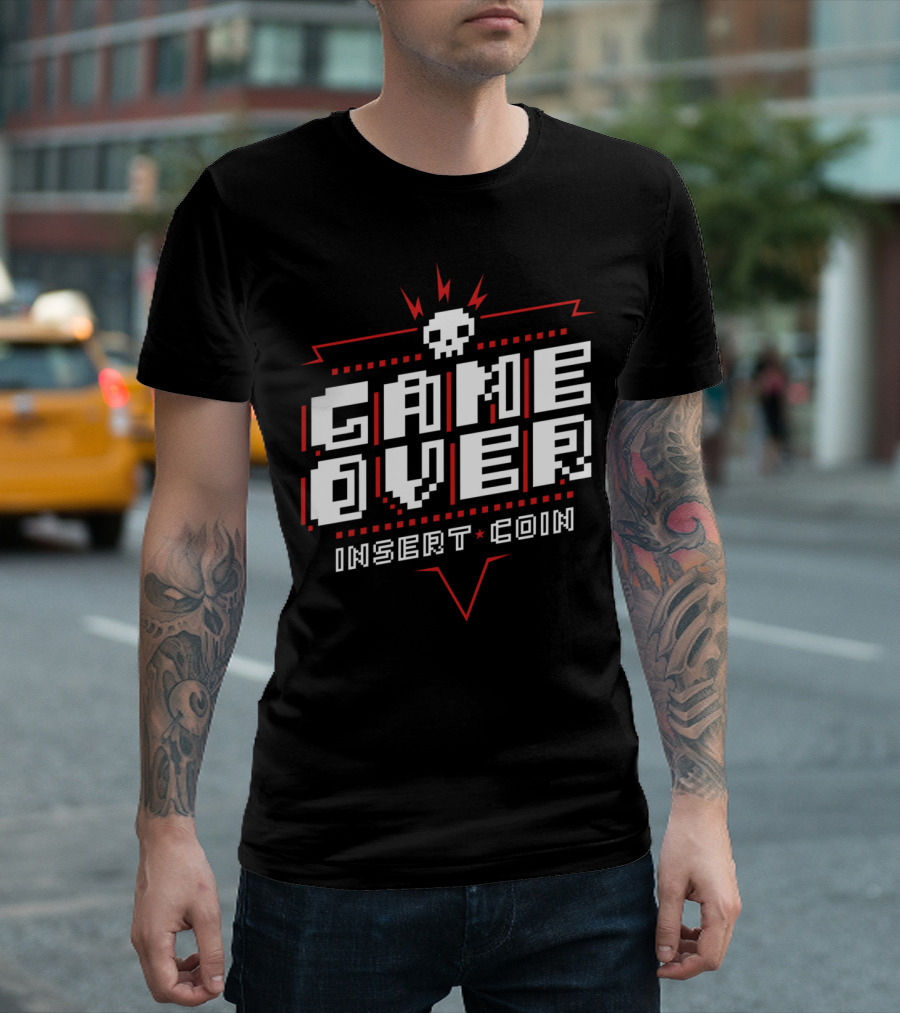 Game Over Insert Coin Red Pixel Skull T-Shirt