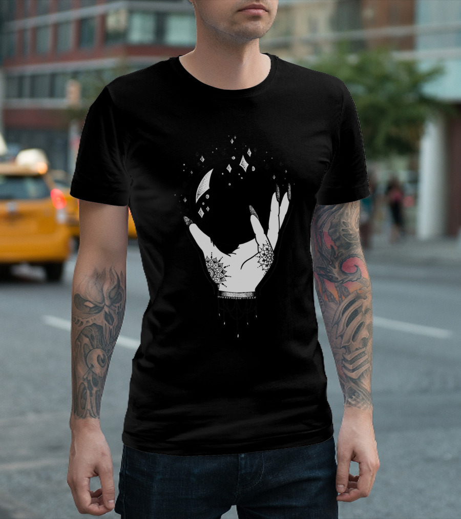 Crystal Ball Mystic Hand with Moon and Star Symbols T-Shirt