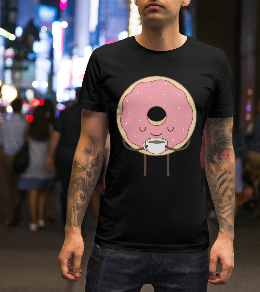 Donut Holding Coffee Cup Smiling With Sprinkles T-Shirt
