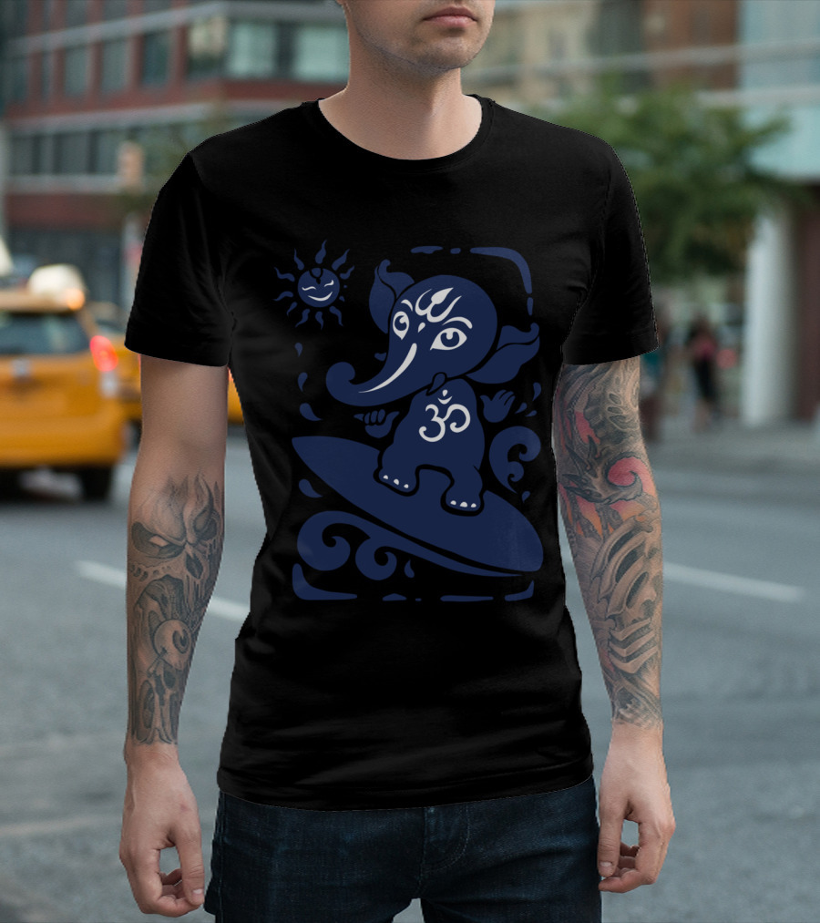 Ganesha Surfer Om Symbol Riding Wave With Sun T-Shirt
