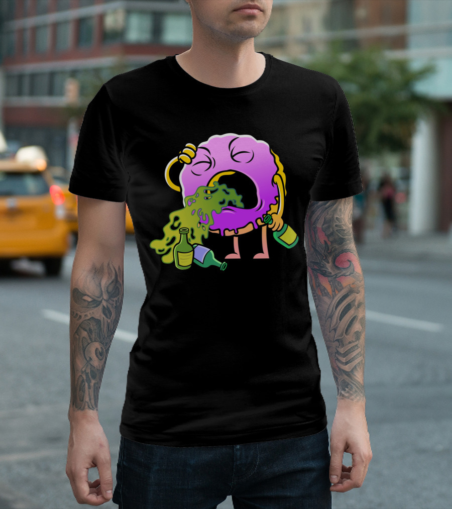 Donut Drinking Booze Vomit Cartoon T-Shirt