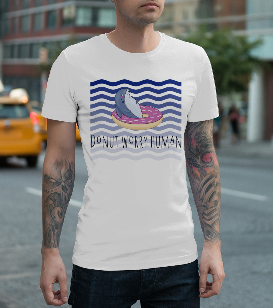 Donut Worry Human Shark on Pink Donut with Waves T-Shirt