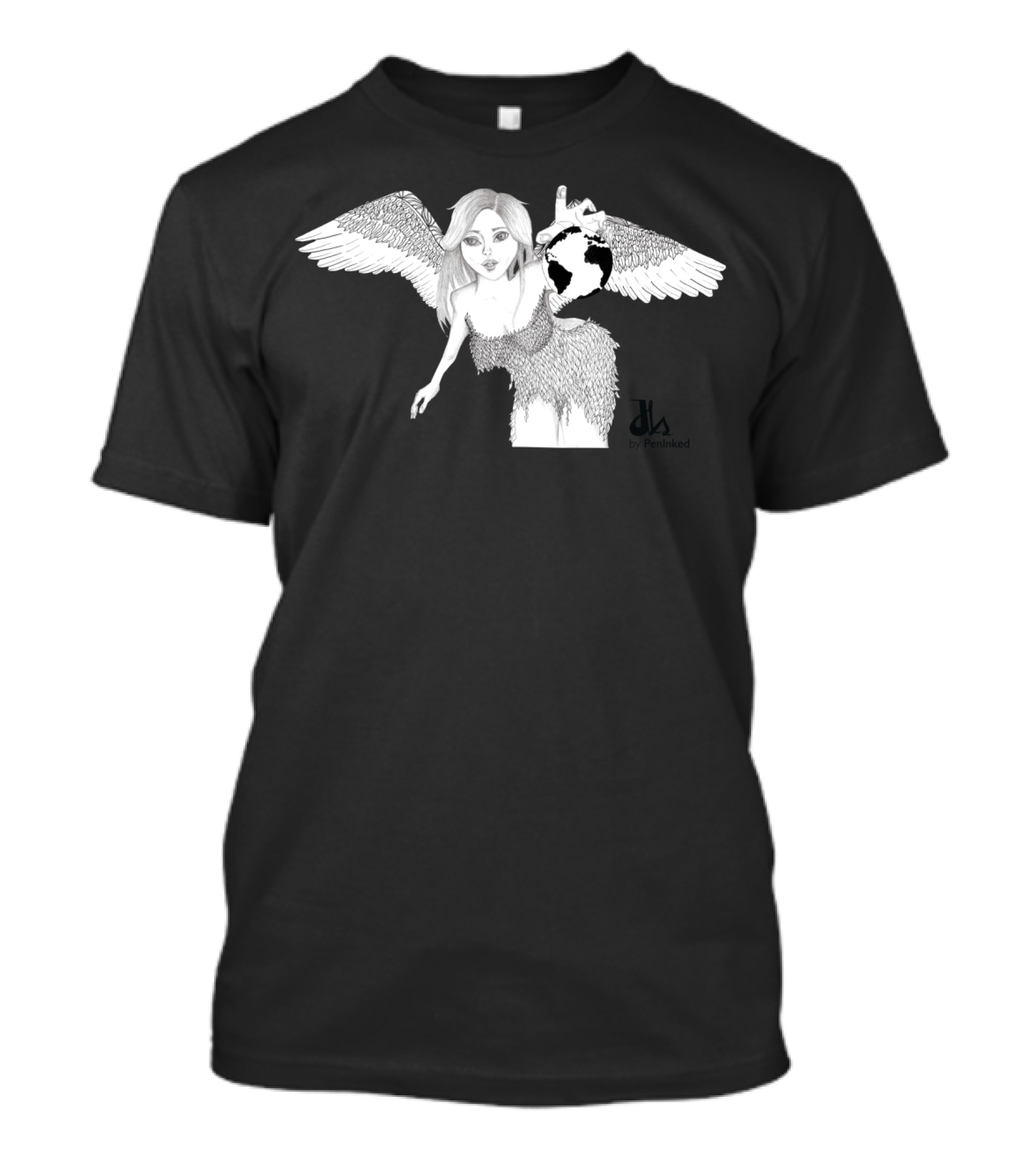 The Angel By PenInkled With Wings And Globe T-Shirt