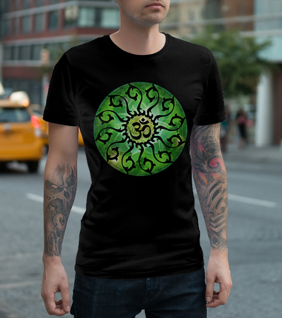 Om Symbol with Green Spiral Vines Circle T-Shirt