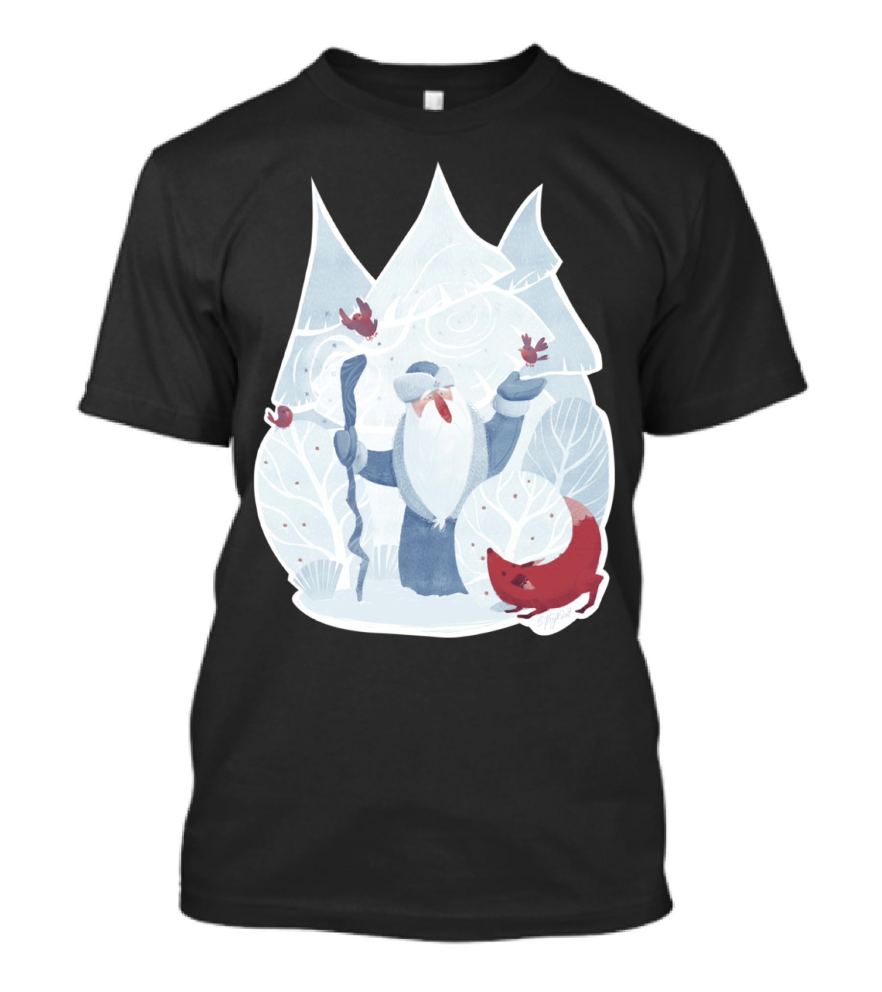 Father Frost Winter Scene With Fox And Birds T-Shirt