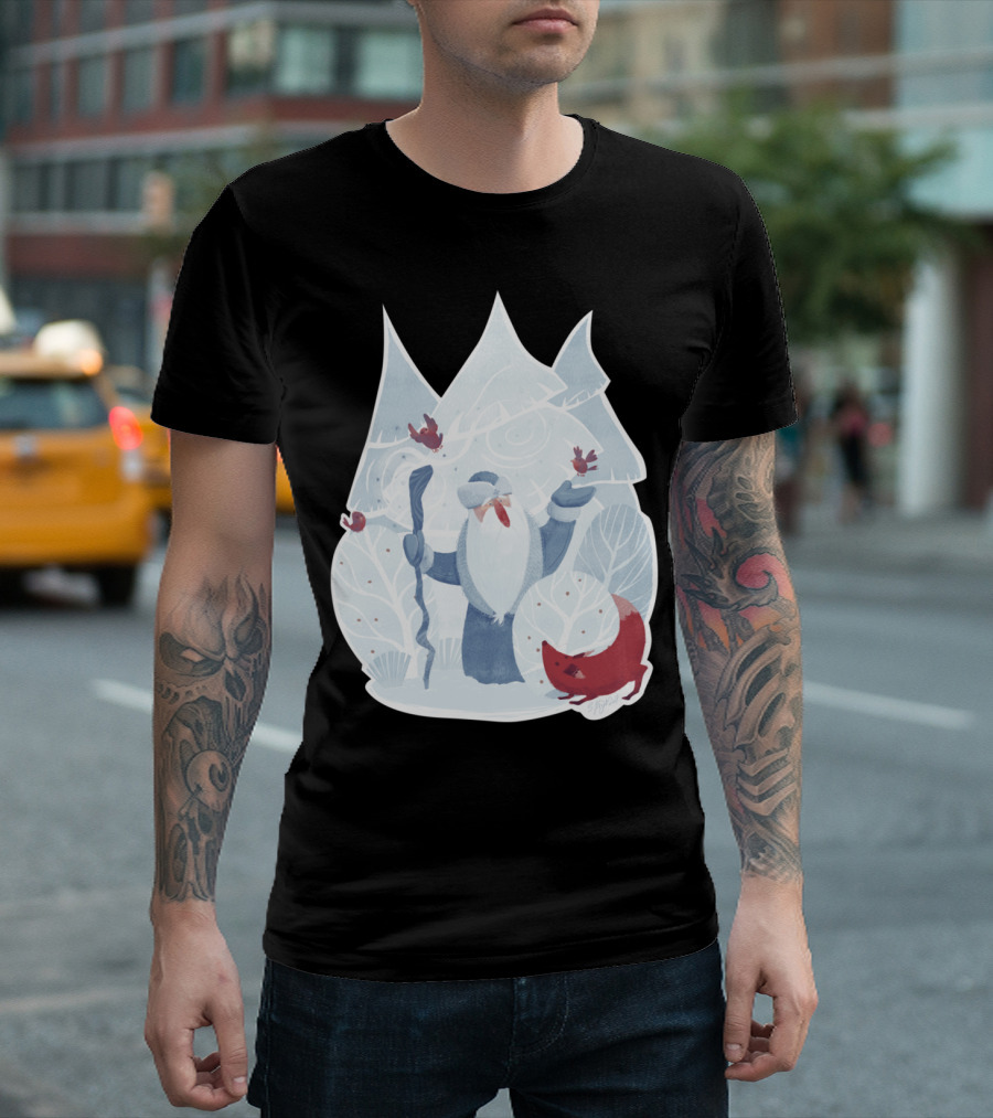 Father Frost Winter Scene With Fox And Birds T-Shirt