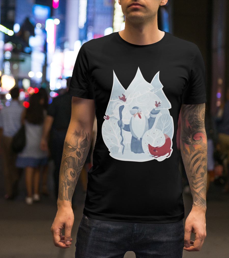 Father Frost Winter Scene With Fox And Birds T-Shirt