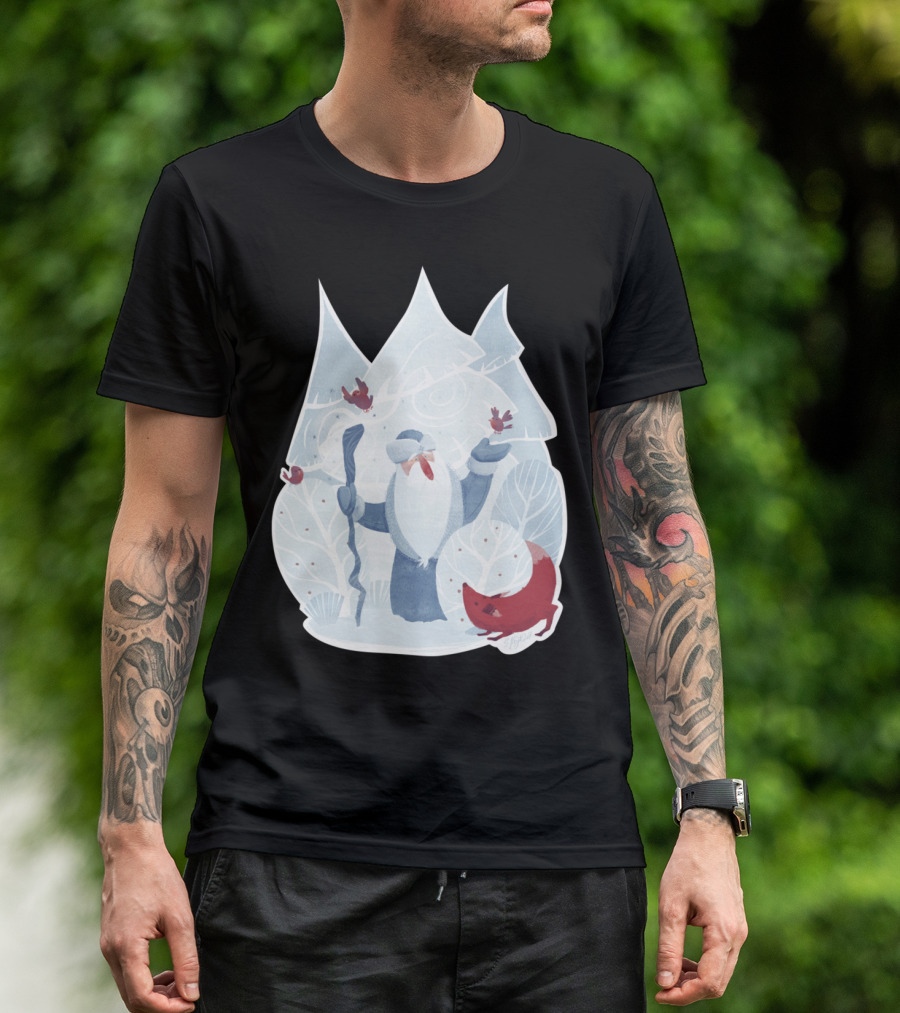 Father Frost Winter Scene With Fox And Birds T-Shirt