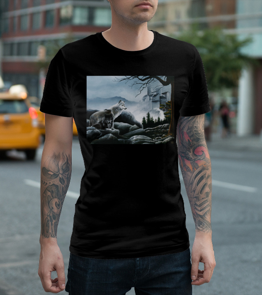 Castle Guards Wolf Duo in Misty Fortress Landscape T-Shirt