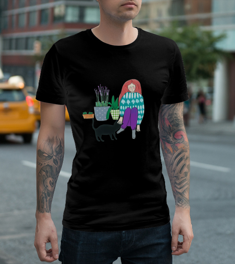 Gardening Companion With Black Cat And Houseplants T-Shirt