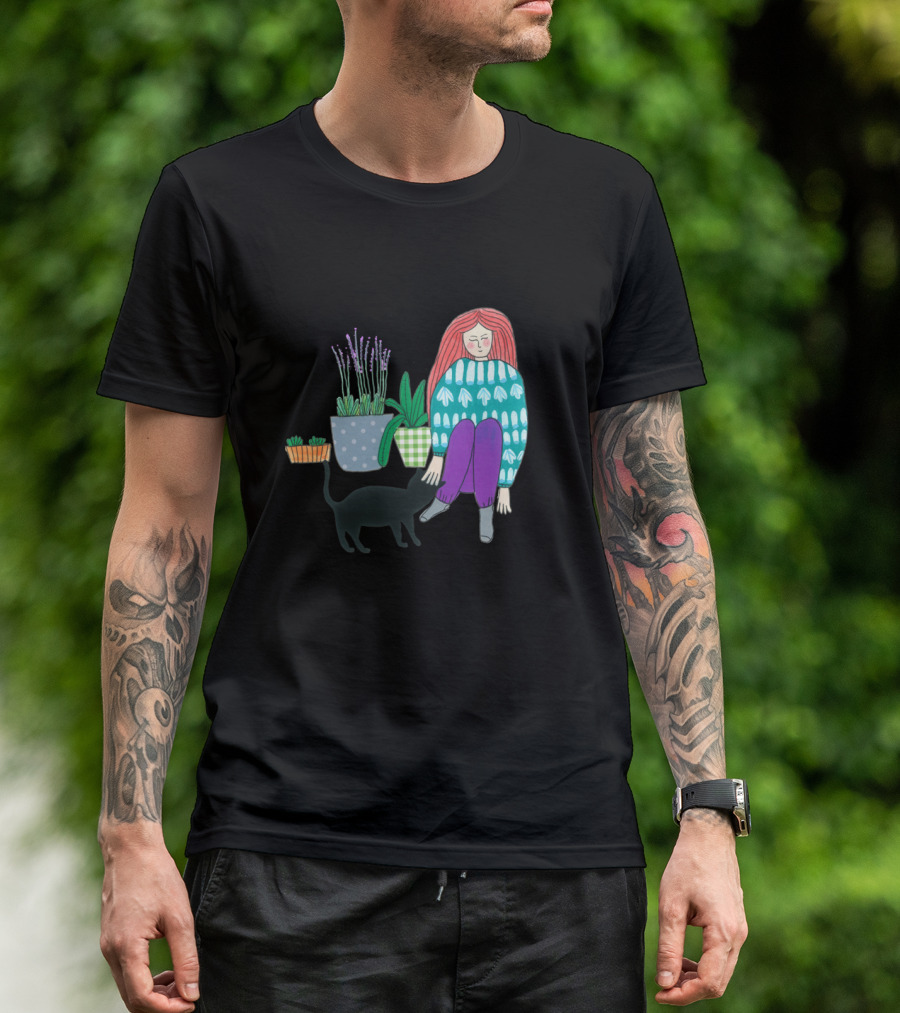 Gardening Companion With Black Cat And Houseplants T-Shirt