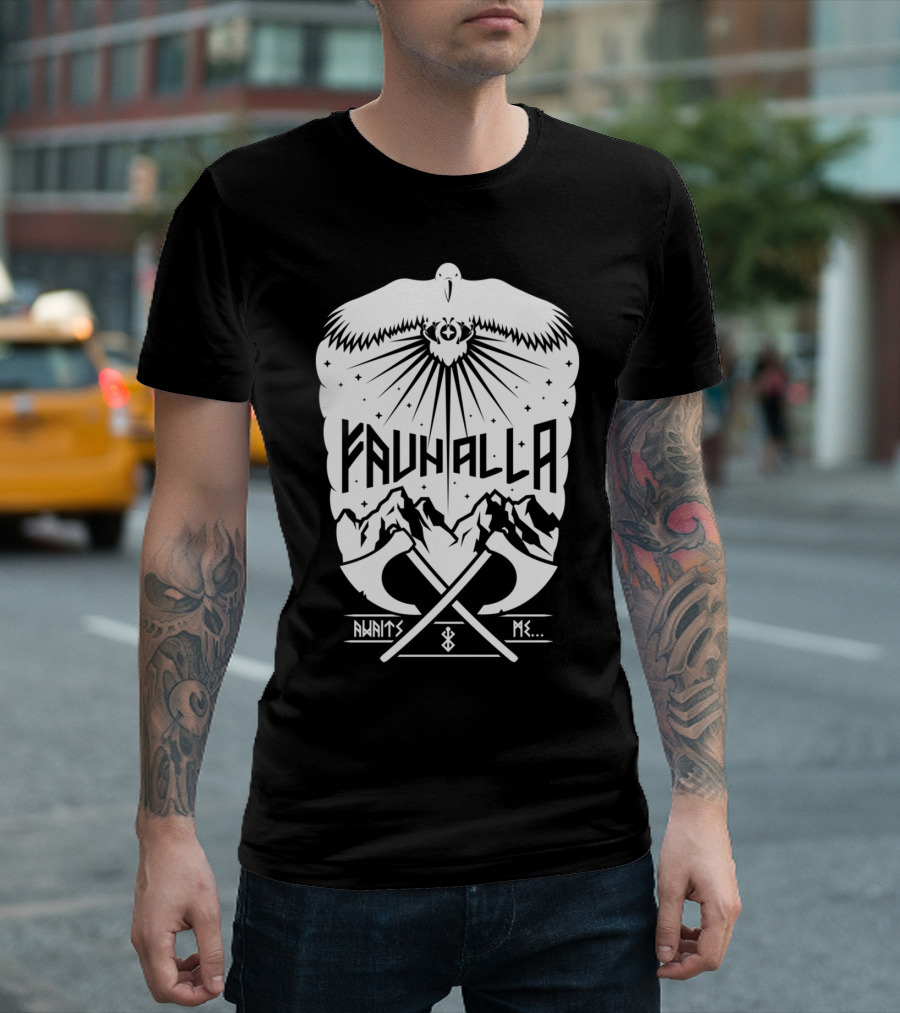 Fauhalla Awaits Me Nordic Eagle Mountains Crossed Axes T-Shirt