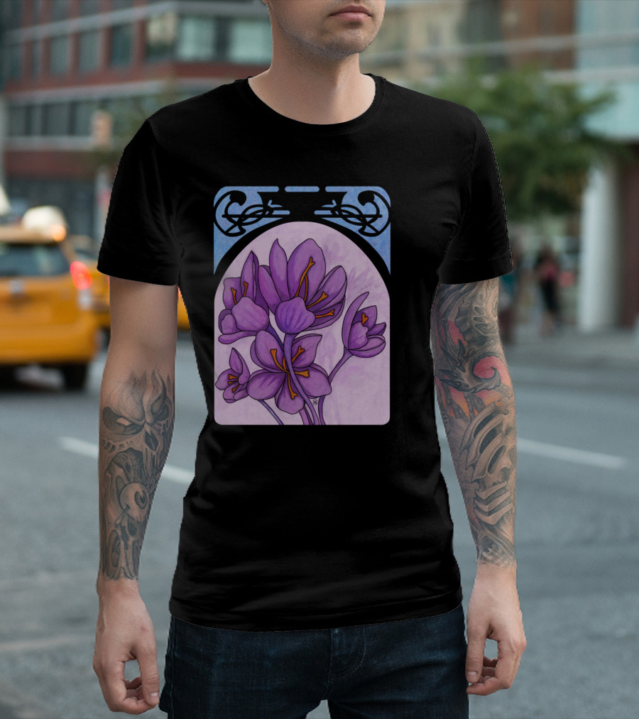 Art Nouveau Saffron Crocus Purple Flowers in Decorative Frame T-Shirt