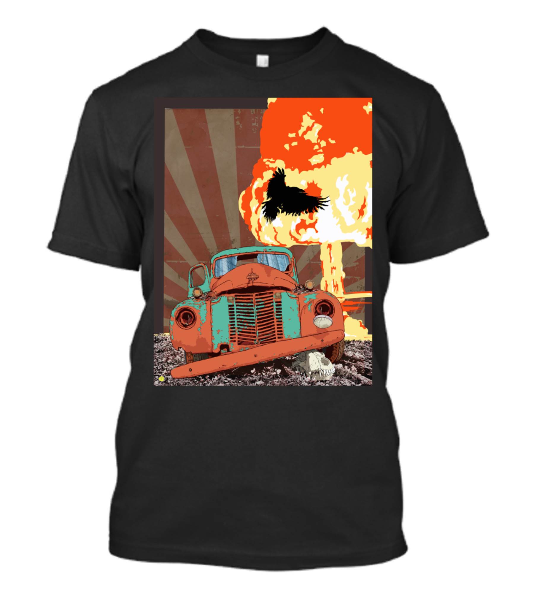 The Atomik Old Rusted Truck And Exploding Mushroom Cloud With Crow T-Shirt
