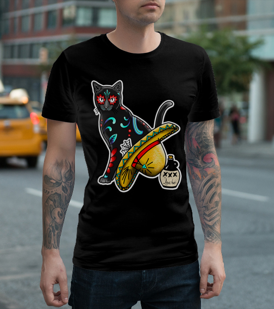 Gato En Un Sombrero Día de los Muertos Cat Leche T-Shirt