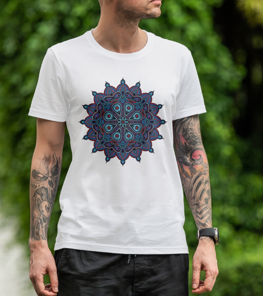 Doodle Mandala Red Blue Intricate Symmetrical T-Shirt