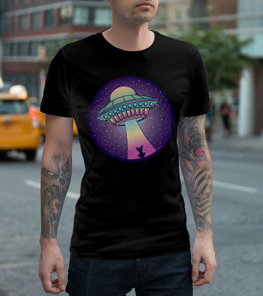 UFO Cat Abduction Under Starlit Sky T-Shirt