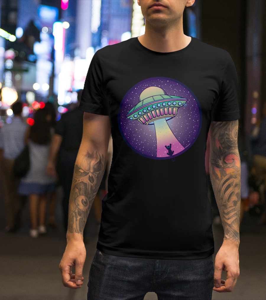 UFO Cat Abduction Under Starlit Sky T-Shirt