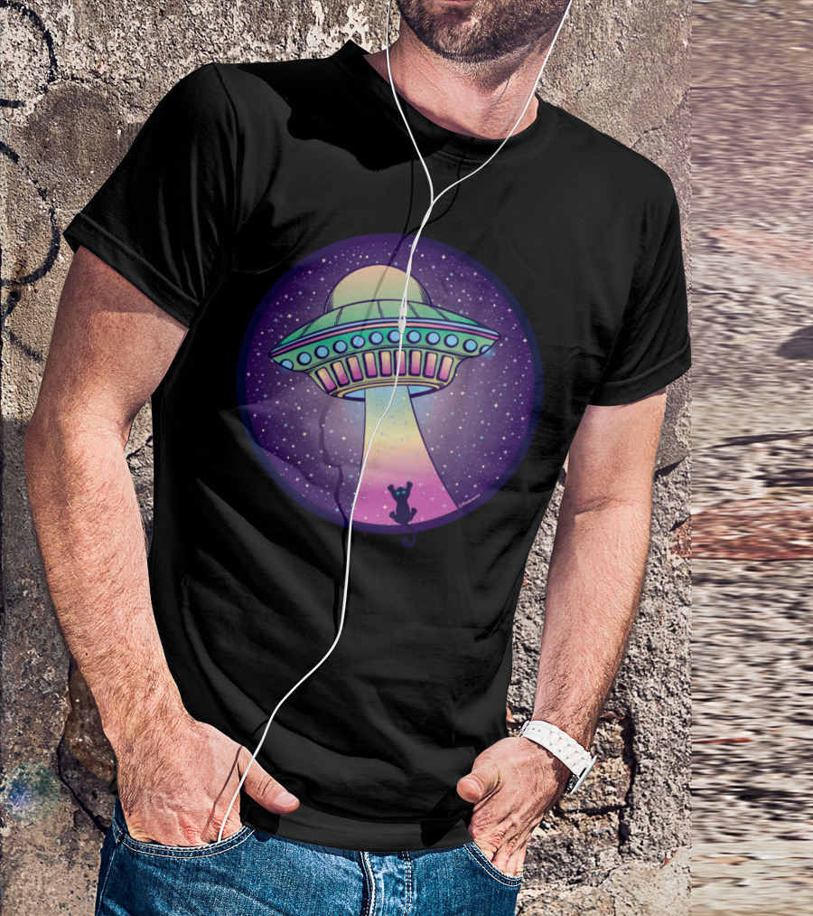 UFO Cat Abduction Under Starlit Sky T-Shirt