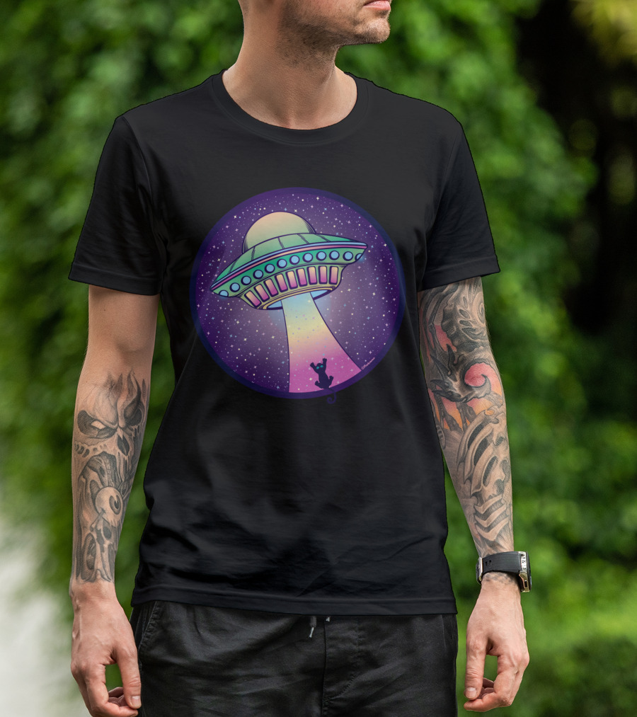 UFO Cat Abduction Under Starlit Sky T-Shirt