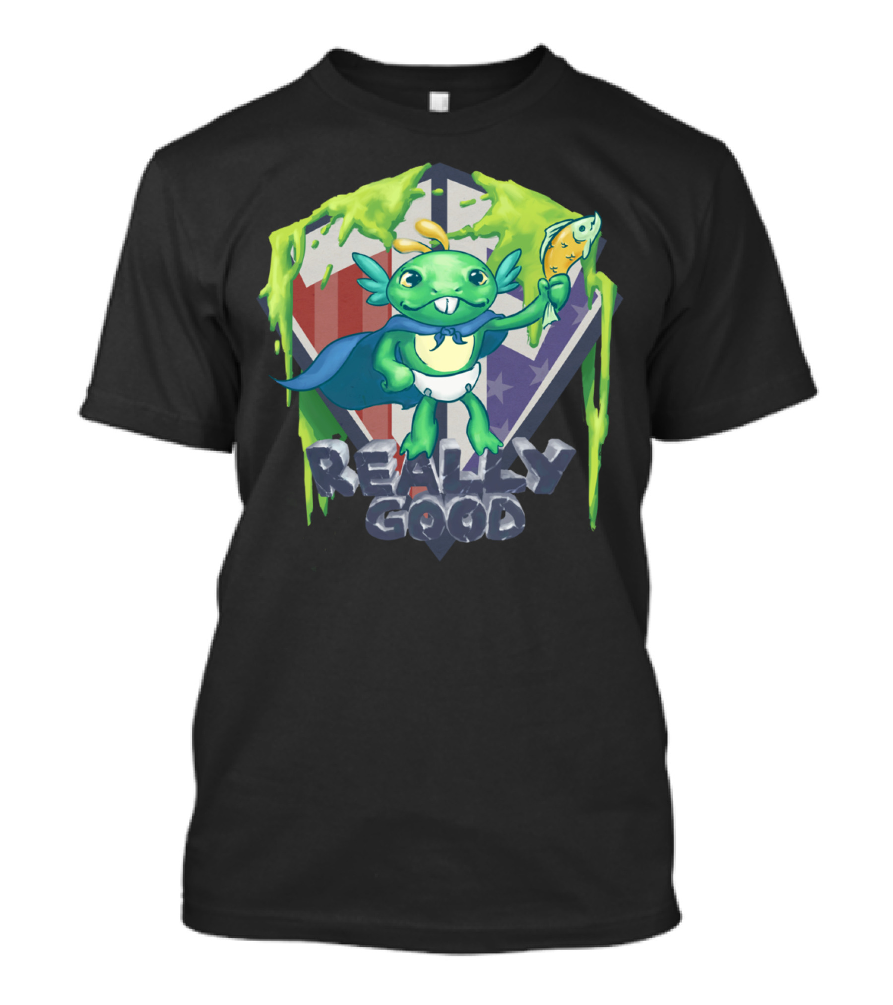 Zugrug Murky Really Good Alien Creature Holding Fish With Green Slime And Superhero Cape T-Shirt