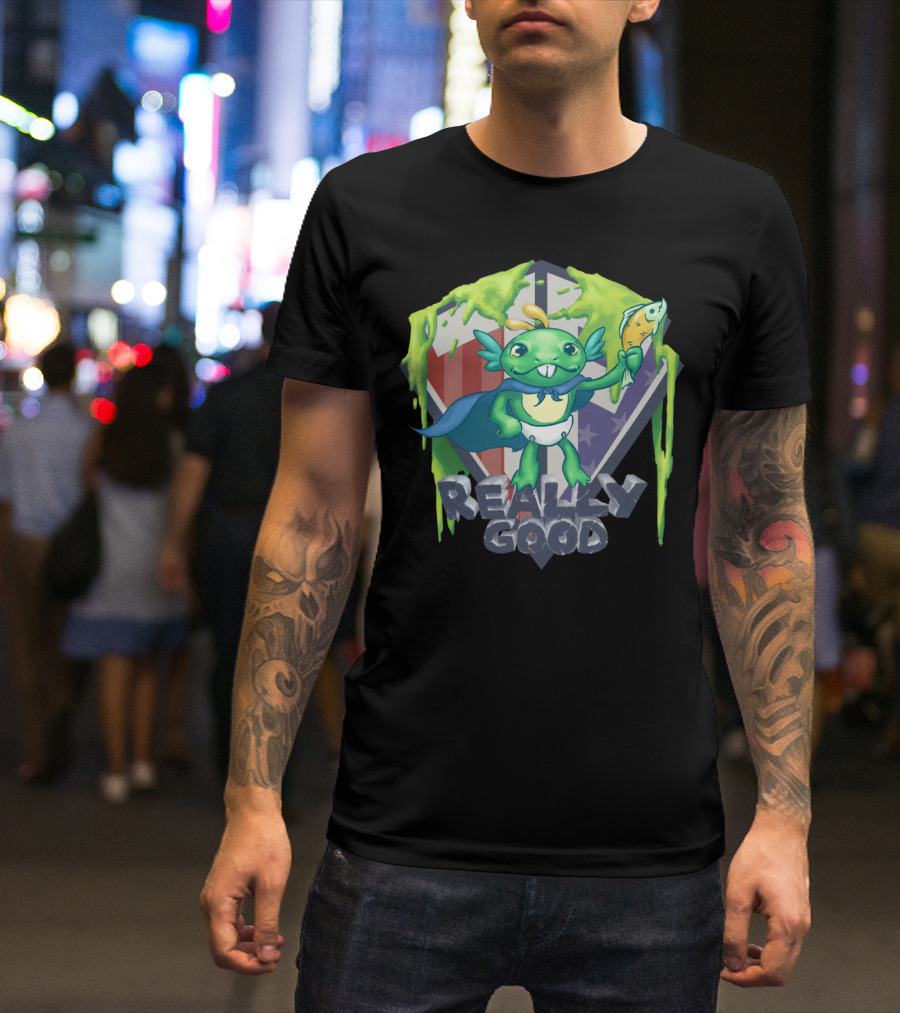 Zugrug Murky Really Good Alien Creature Holding Fish With Green Slime And Superhero Cape T-Shirt