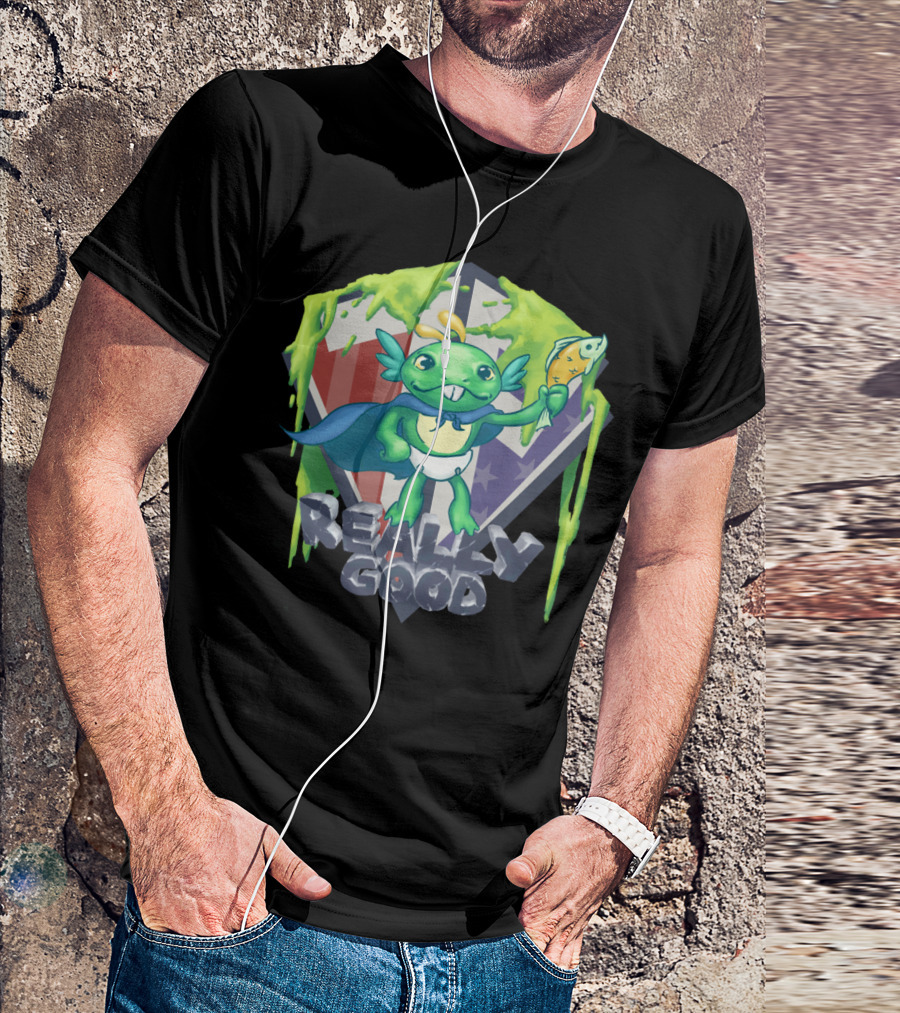 Zugrug Murky Really Good Alien Creature Holding Fish With Green Slime And Superhero Cape T-Shirt