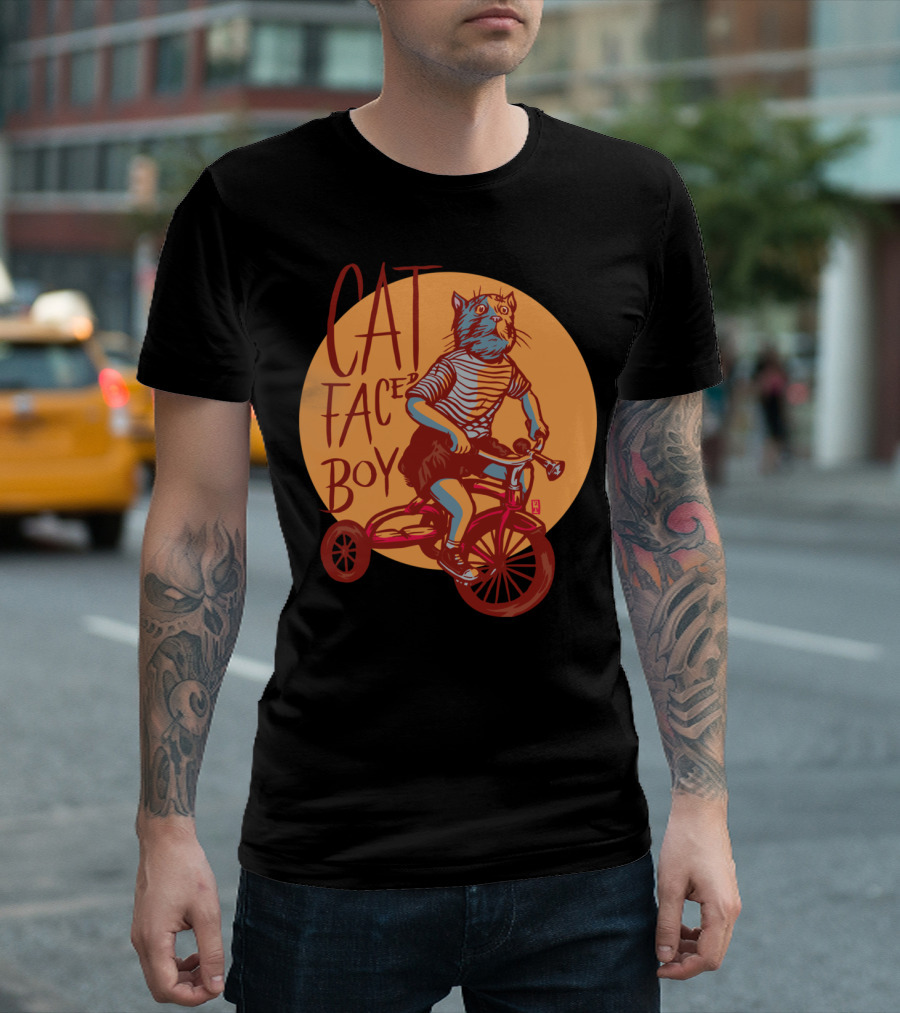 Cat Faced Boy Riding Tricycle in Striped T-Shirt