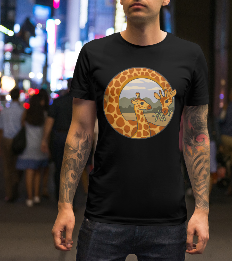 Feed The Love Giraffe Family Circle Serengeti Scene T-Shirt