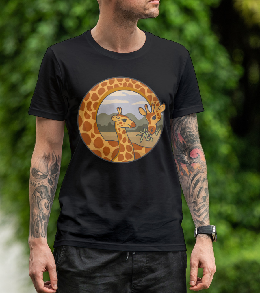 Feed The Love Giraffe Family Circle Serengeti Scene T-Shirt